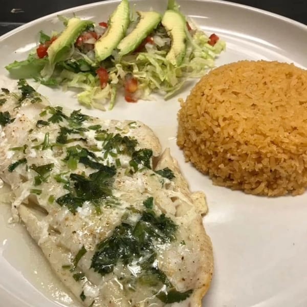 Primos De Tico's Mexican dish with fish in white sauce, rice, and a side salad with avocado.